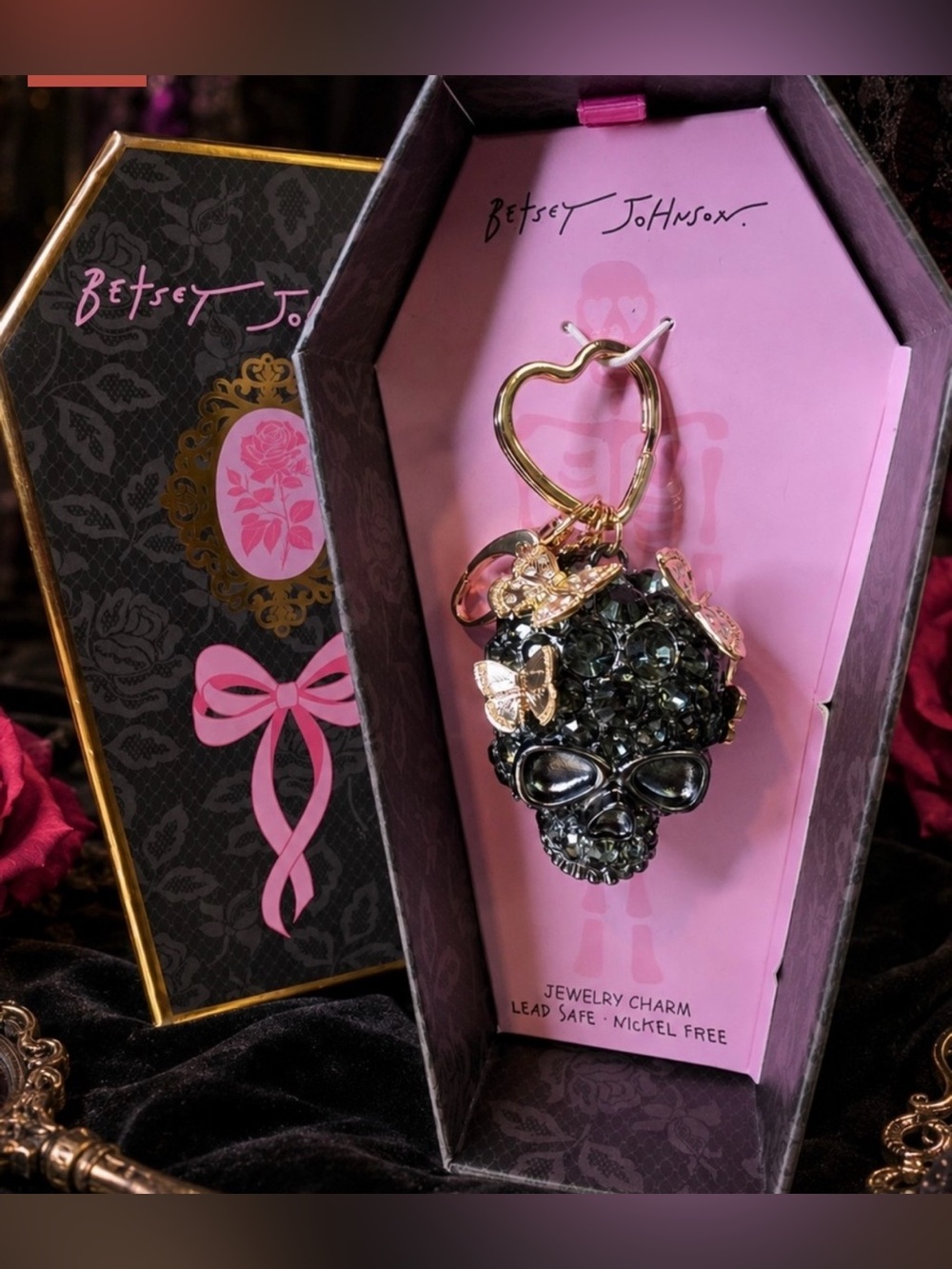 Betsey Johnson Crystal Skull and Butterfly Jewelry Bag Charm / Keychain